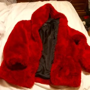 Red faux fur hip coat